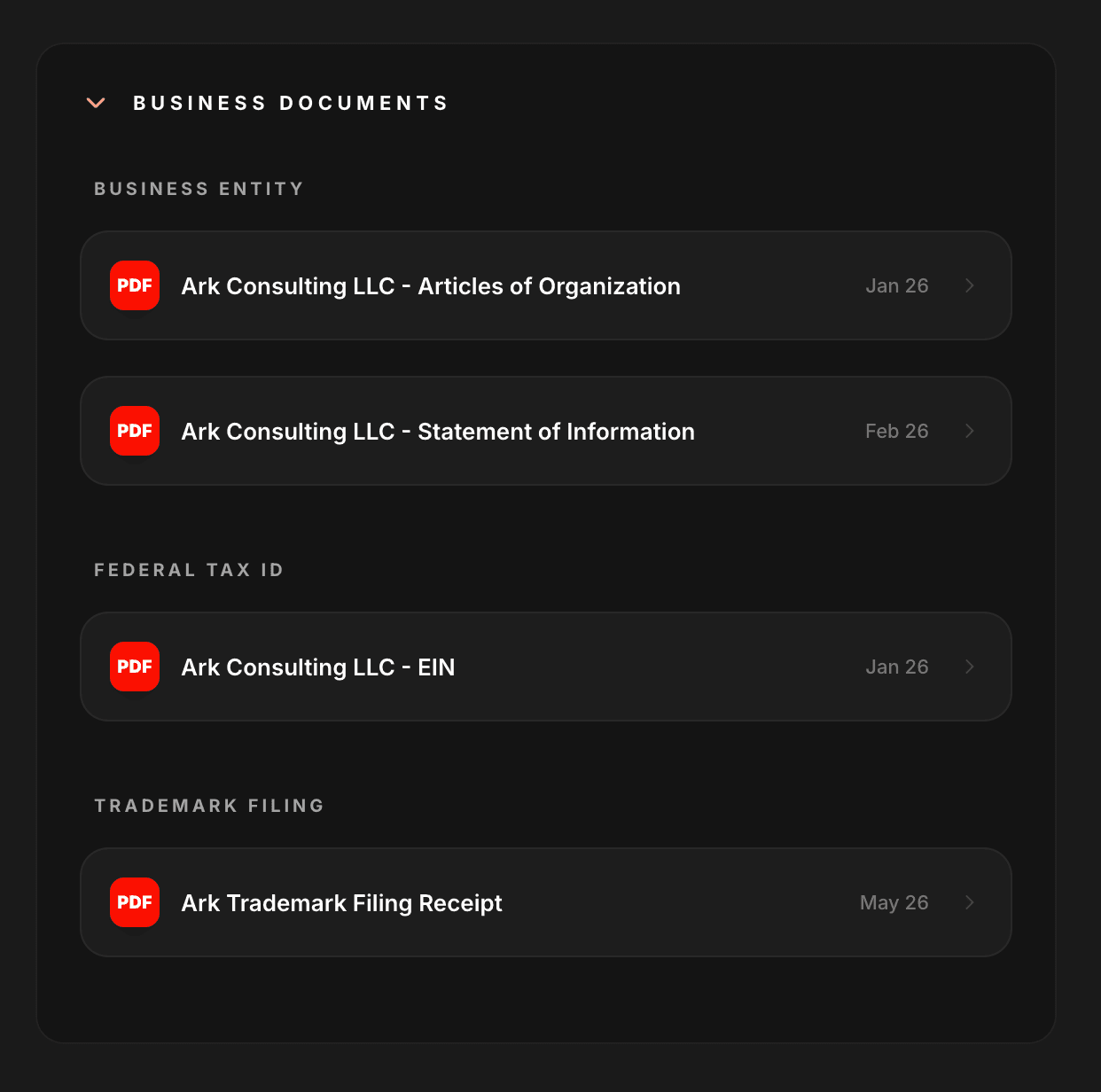Business documents vault — Articles of Organization, Statement of Information, and EIN letter