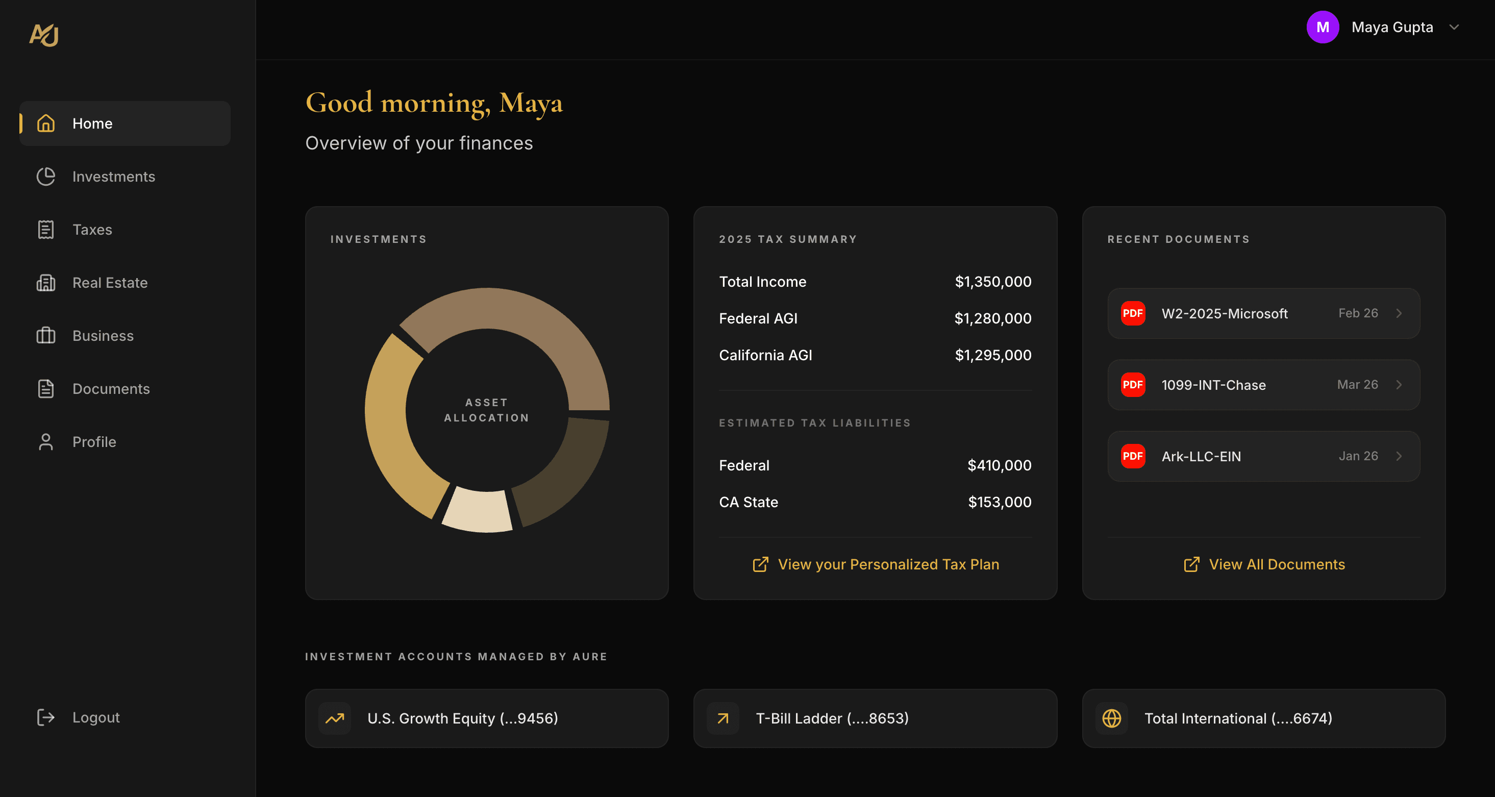 Aure wealth management dashboard